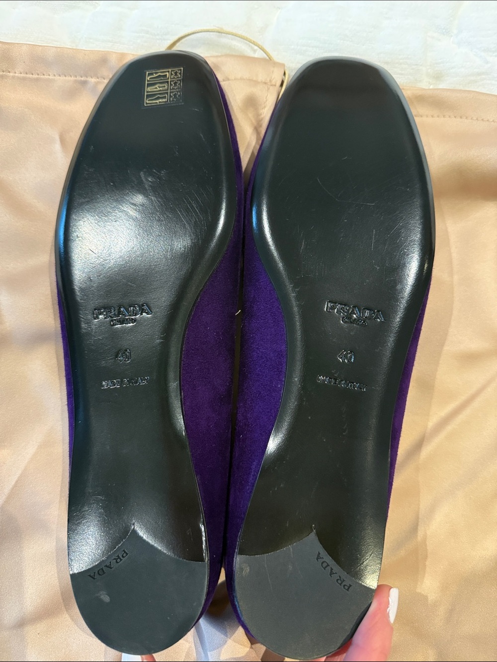 Prada Purple Suede Pointed-Toe Flats with Silver Triangle Accent - Picture 3 of 4